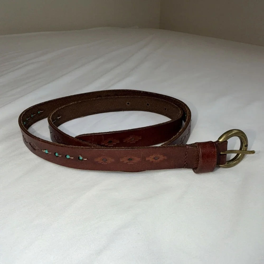 Leather Belt Women Size 31-35 Southwest Turquoise Beads‎